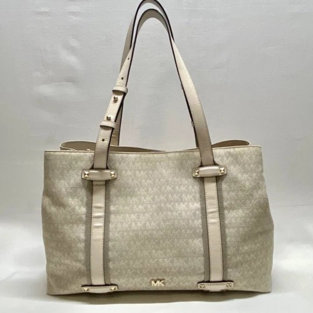 Michael Kors Griffin Large Logo Tote Natural Jacqard Canvas Leather Trim GUC - Picture 16 of 16